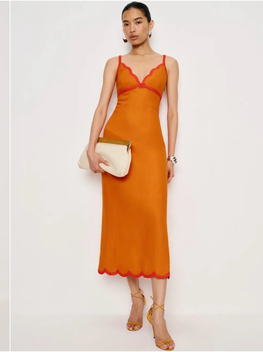 Reformation Orange Midi Dress with Red Trim